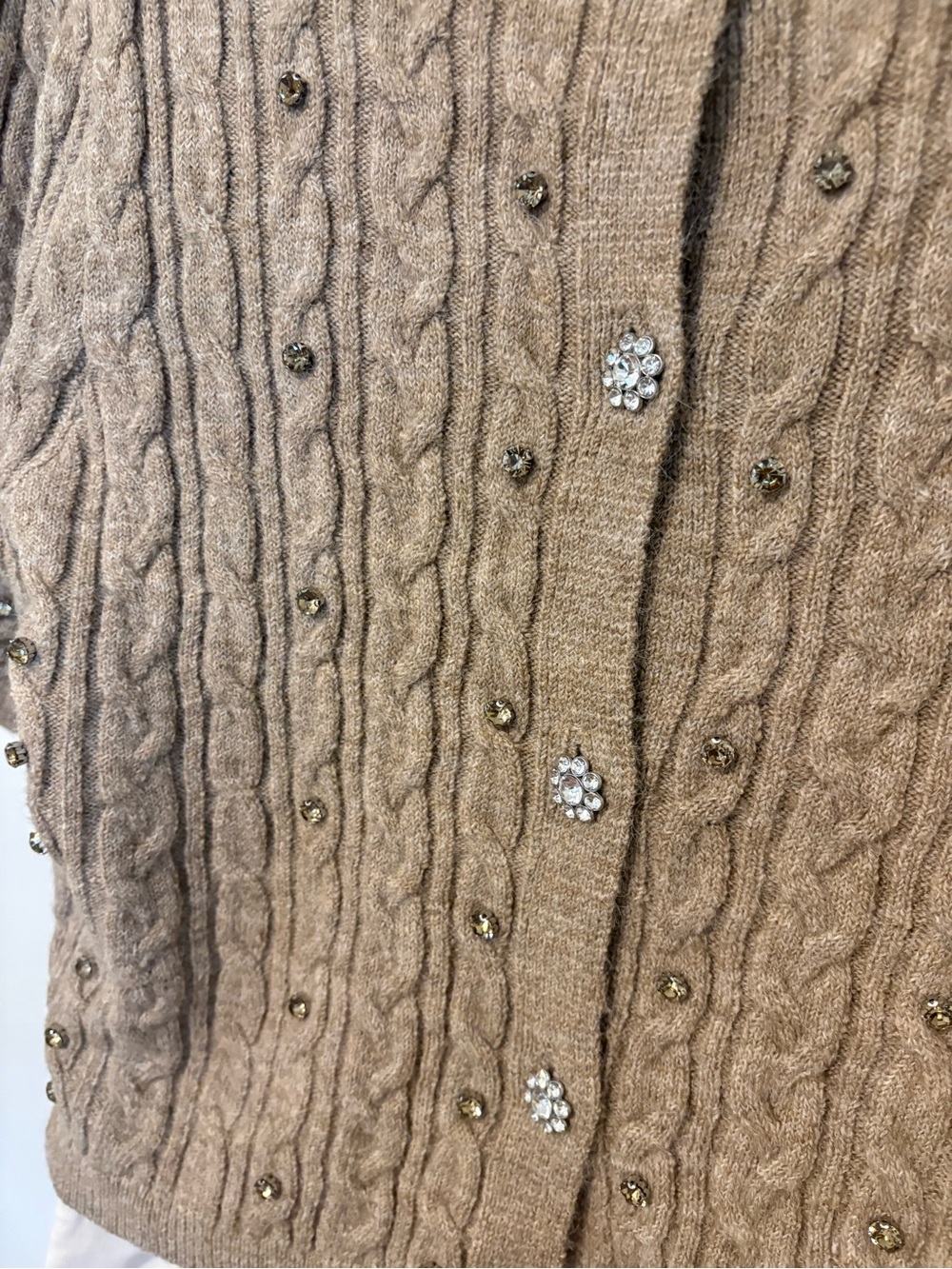 Beaded Cable-Knit Short-Sleeve Cardigan - Taupe